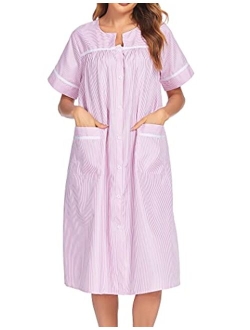 Women's Striped Sleepwear Button Down Duster Short Sleeve House Dress Nightgown S-XXL