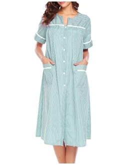 Women's Striped Sleepwear Button Down Duster Short Sleeve House Dress Nightgown S-XXL