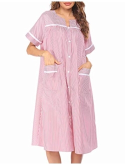 Women's Striped Sleepwear Button Down Duster Short Sleeve House Dress Nightgown S-XXL