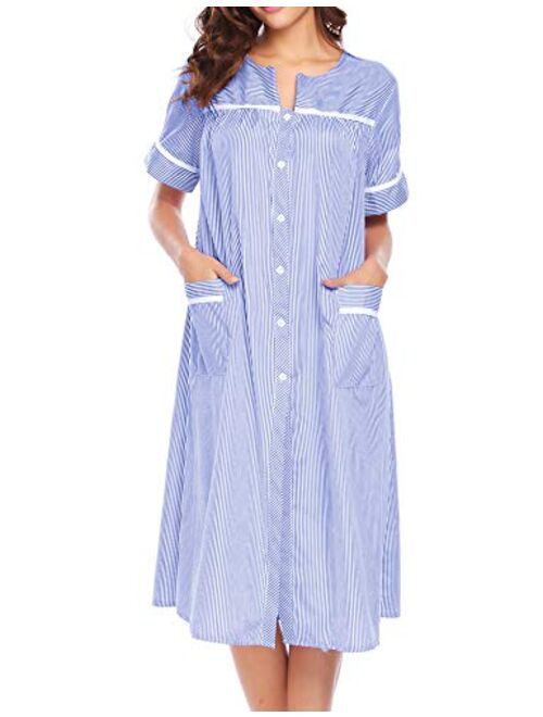 Ekouaer Women's Striped Sleepwear Button Down Duster Short Sleeve House Dress Nightgown S-XXL