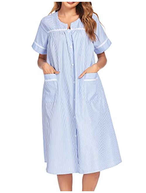 Ekouaer Women's Striped Sleepwear Button Down Duster Short Sleeve House Dress Nightgown S-XXL