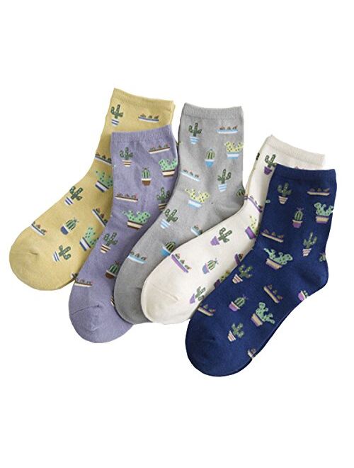 Crew Socks,5-pack Women Cacti Parttern Casual Socks Cotton Knitting Winter Fall Crew Socks Mix Color One Size