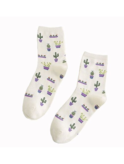 Crew Socks,5-pack Women Cacti Parttern Casual Socks Cotton Knitting Winter Fall Crew Socks Mix Color One Size