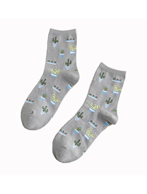 Crew Socks,5-pack Women Cacti Parttern Casual Socks Cotton Knitting Winter Fall Crew Socks Mix Color One Size