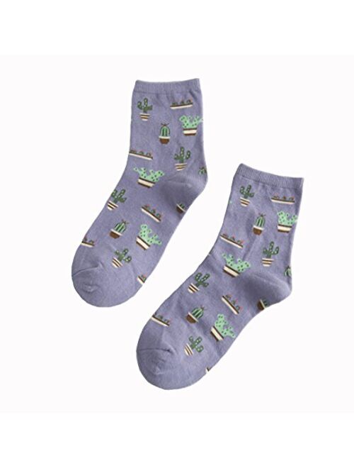 Crew Socks,5-pack Women Cacti Parttern Casual Socks Cotton Knitting Winter Fall Crew Socks Mix Color One Size