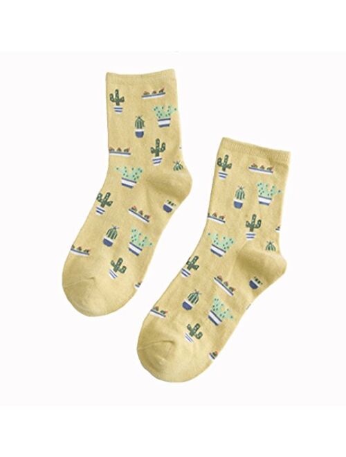 Crew Socks,5-pack Women Cacti Parttern Casual Socks Cotton Knitting Winter Fall Crew Socks Mix Color One Size