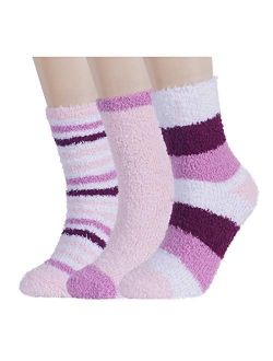 Plush Slipper Socks Women - Colorful Warm Fuzzy Crew Socks Cozy Soft 3 to 6 Pairs for Winter Indoor