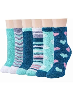 Plush Slipper Socks Women - Colorful Warm Fuzzy Crew Socks Cozy Soft 3 to 6 Pairs for Winter Indoor