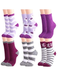 Plush Slipper Socks Women - Colorful Warm Fuzzy Crew Socks Cozy Soft 3 to 6 Pairs for Winter Indoor