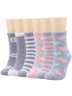 Plush Slipper Socks Women - Colorful Warm Fuzzy Crew Socks Cozy Soft 3 to 6 Pairs for Winter Indoor