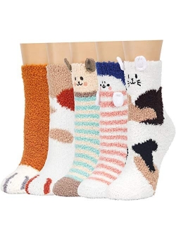 Plush Slipper Socks Women - Colorful Warm Fuzzy Crew Socks Cozy Soft 3 to 6 Pairs for Winter Indoor