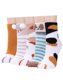 Plush Slipper Socks Women - Colorful Warm Fuzzy Crew Socks Cozy Soft 3 to 6 Pairs for Winter Indoor