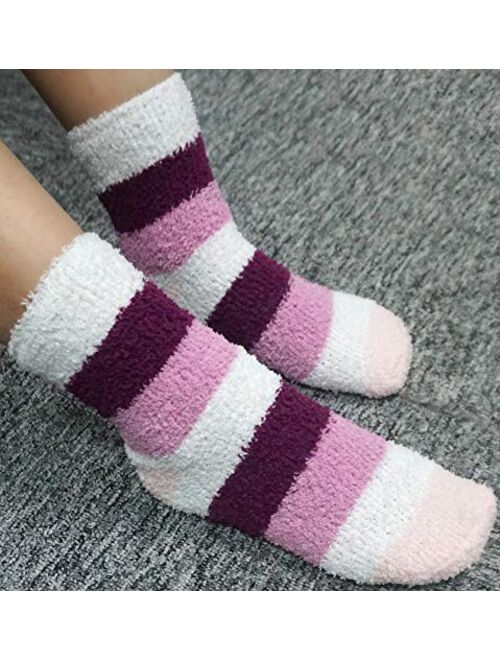 Plush Slipper Socks Women - Colorful Warm Fuzzy Crew Socks Cozy Soft 3 to 6 Pairs for Winter Indoor