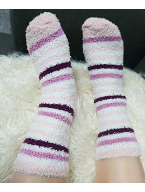 Plush Slipper Socks Women - Colorful Warm Fuzzy Crew Socks Cozy Soft 3 to 6 Pairs for Winter Indoor