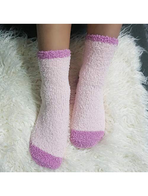 Plush Slipper Socks Women - Colorful Warm Fuzzy Crew Socks Cozy Soft 3 to 6 Pairs for Winter Indoor