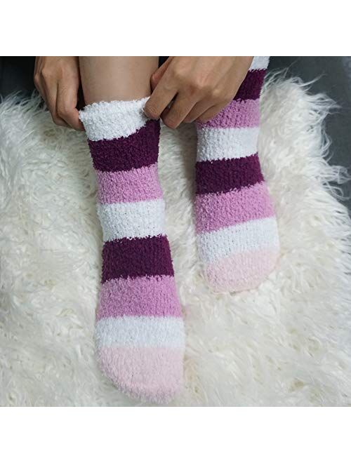 Plush Slipper Socks Women - Colorful Warm Fuzzy Crew Socks Cozy Soft 3 to 6 Pairs for Winter Indoor