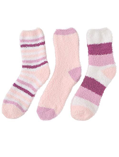 Plush Slipper Socks Women - Colorful Warm Fuzzy Crew Socks Cozy Soft 3 to 6 Pairs for Winter Indoor