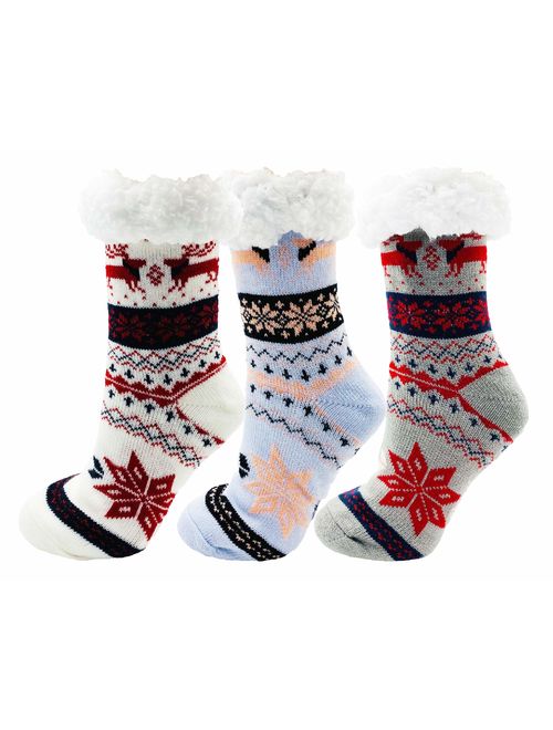 Fluffy Thermal Sherpa Slipper Socks, 3 Pairs for Women, Ultra Soft Christmas Winter Non Skid Gift