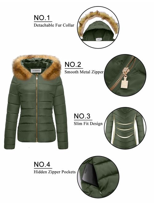 CHERFLY Women's Fur Collar Coat Winter Warm Short Outwear Thickened Puffer Jacket with Hood