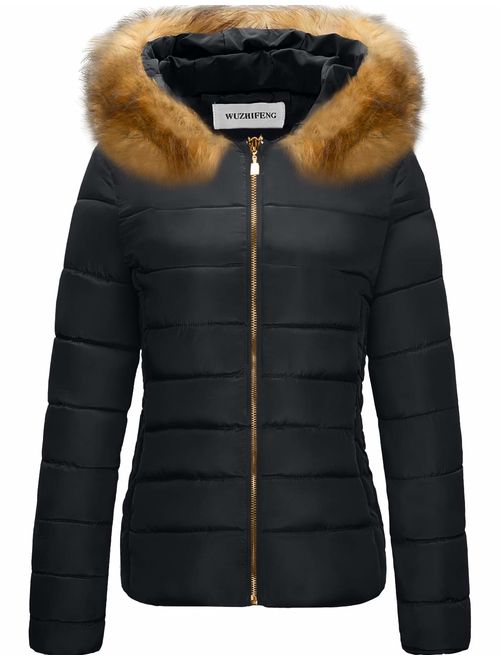 CHERFLY Women's Fur Collar Coat Winter Warm Short Outwear Thickened Puffer Jacket with Hood