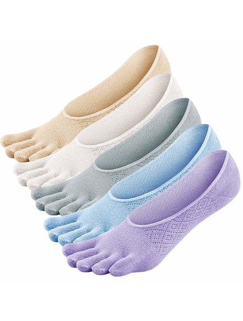 Toe Socks Low Cut No Show Cotton Running Five Fingers Socks with Silicone Heel for Womens Ladies