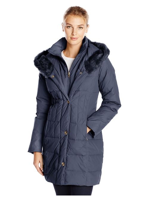 Larry Levine Women's Down-Filled Coat with Faux Fur-Trimmed Hood