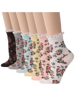 Funcat Women's Lace Ruffle Frilly Colorful Floral Cotton Casual Novelty Ankle Socks 4/5/6 Pairs