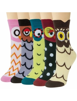 Pack of 5 Womens Cute Animals Socks Girls Warm Novelty Funny Cartoon Cotton Crew Socks