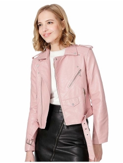 Jhichic Women's Faux Leather Textured Short Moto Jacket Zip-up Slim PU Biker Coat with Pockets