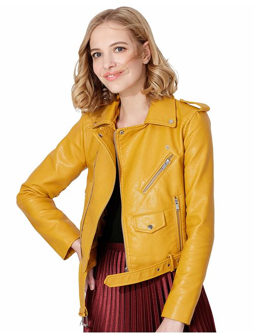 Jhichic Women's Faux Leather Textured Short Moto Jacket Zip-up Slim PU Biker Coat with Pockets