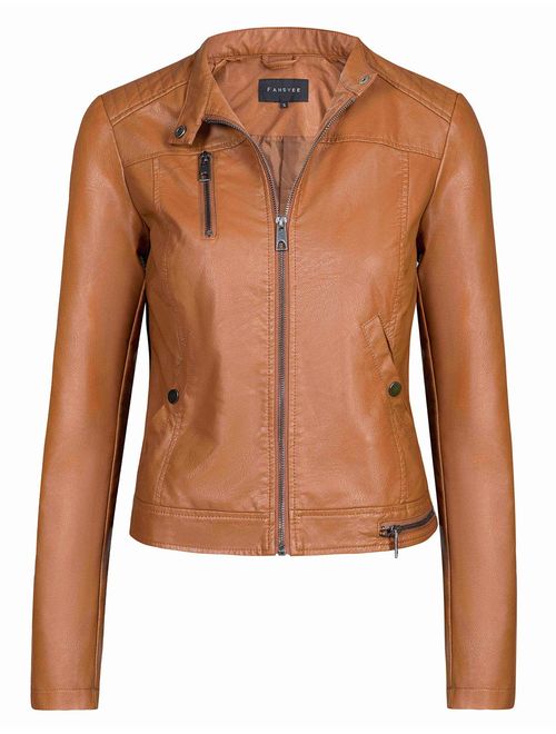 Fahsyee Women's Faux Leather Jackets, Zip Up Motorcycle Short PU Moto Biker Outwear Fitted Slim Coat