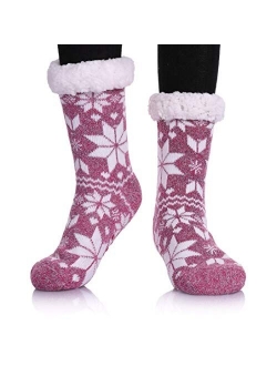 Dosoni Women's Winter Snowflake Fleece Lining Knit Christmas Knee Highs Stockings Slipper Socks