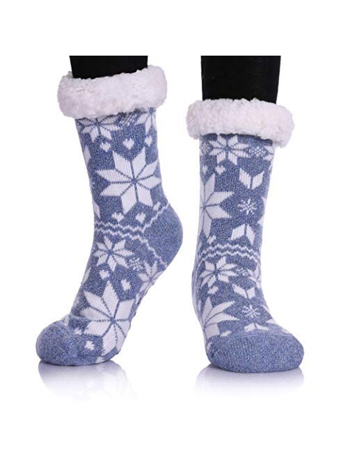 Dosoni Women's Winter Snowflake Fleece Lining Knit Christmas Knee Highs Stockings Slipper Socks