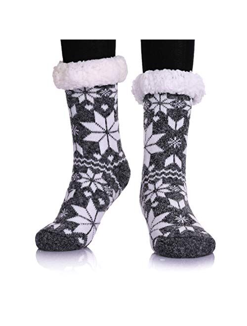 Dosoni Women's Winter Snowflake Fleece Lining Knit Christmas Knee Highs Stockings Slipper Socks