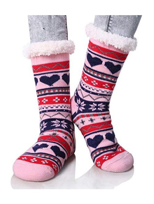 Dosoni Women's Winter Snowflake Fleece Lining Knit Christmas Knee Highs Stockings Slipper Socks