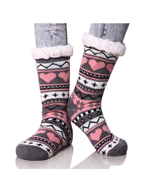 Dosoni Women's Winter Snowflake Fleece Lining Knit Christmas Knee Highs Stockings Slipper Socks