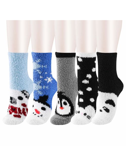 5 Pack Women Girls Fuzzy Fluffy Socks, Great for Holiday Winter or Christmas,Cabin Soft Warm Slipper Crew Cute Cozy Socks