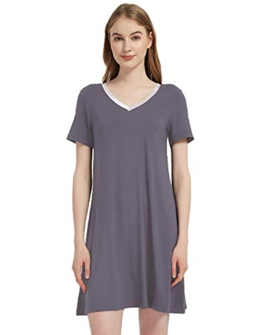 GYS Women's Short Sleeve Nightshirt V Neck Bamboo Nightgown