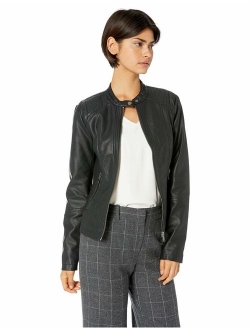 Sebby Collection Women's Faux Leather Jacket with Moto Details and Front Zip Pockets