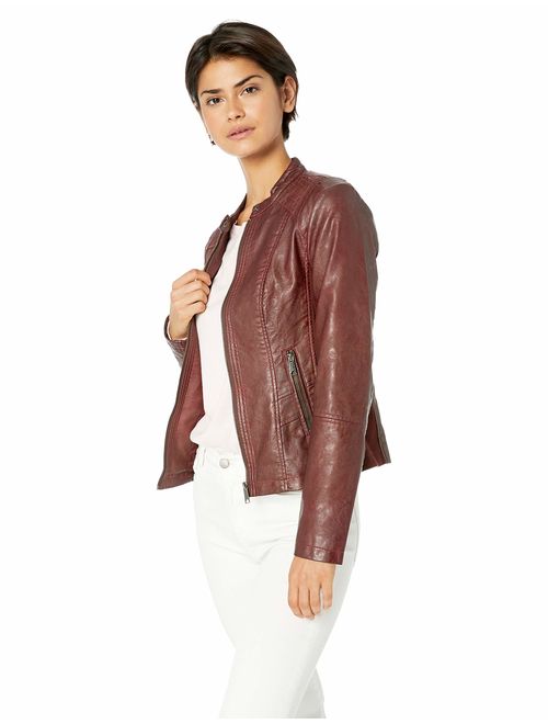 Sebby Collection Women's Faux Leather Jacket with Moto Details and Front Zip Pockets