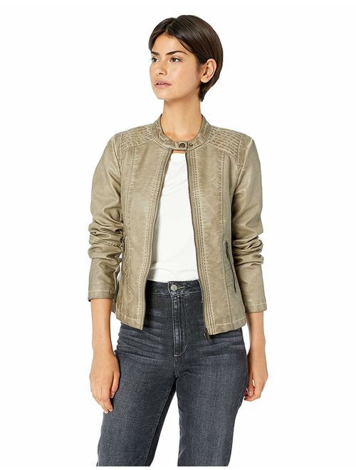 Sebby Collection Women's Faux Leather Jacket with Moto Details and Front Zip Pockets