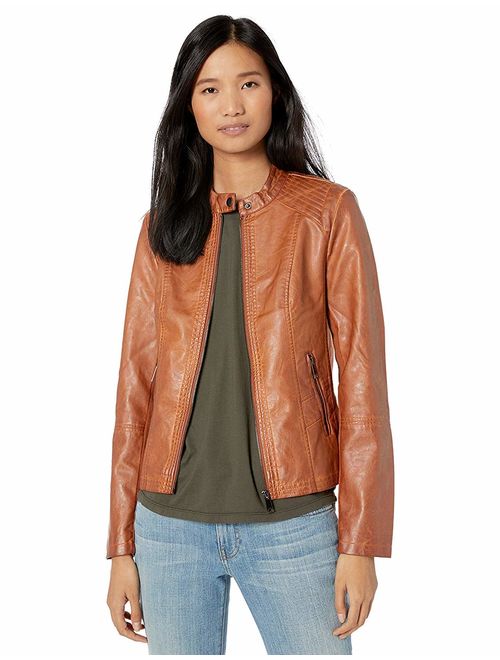 Sebby Collection Women's Faux Leather Jacket with Moto Details and Front Zip Pockets