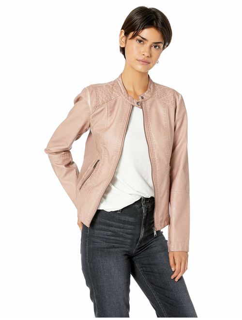 Sebby Collection Women's Faux Leather Jacket with Moto Details and Front Zip Pockets