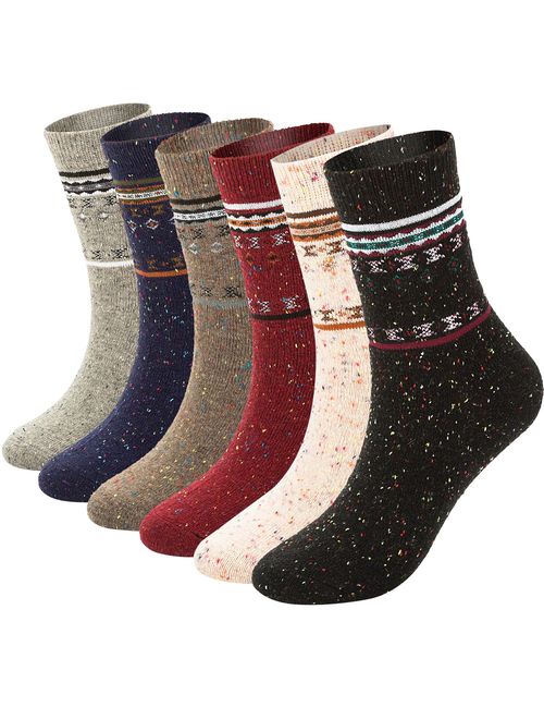 6 Pack Womens Winter Warm Socks Soft Casual Thick Wool Crew Socks (Cute Wolf & Dot Cat(6 Pairs wool Socks))