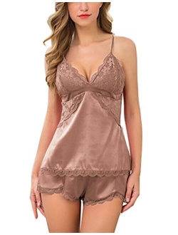 Women Sleepwear Satin Pajamas Set Lace Camisole Shorts Nightwear