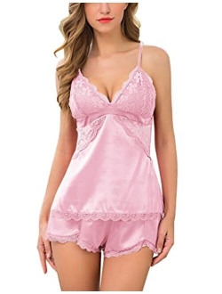 Women Sleepwear Satin Pajamas Set Lace Camisole Shorts Nightwear