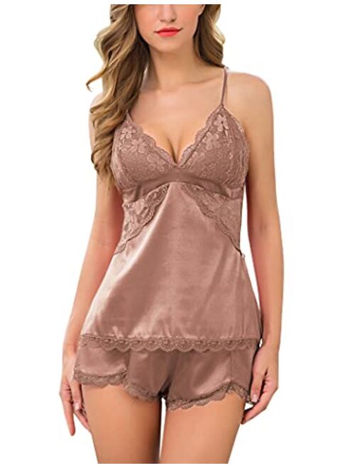 Avidlove Women Sleepwear Satin Pajamas Set Lace Camisole Shorts Nightwear