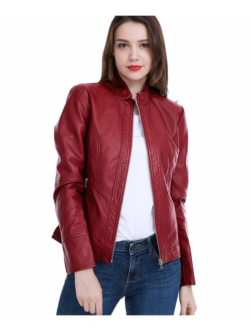 Fasbric Women's Faux Leather Jackets Long Sleeve Zipper Short Moto Biker Jacket Bomber Coat