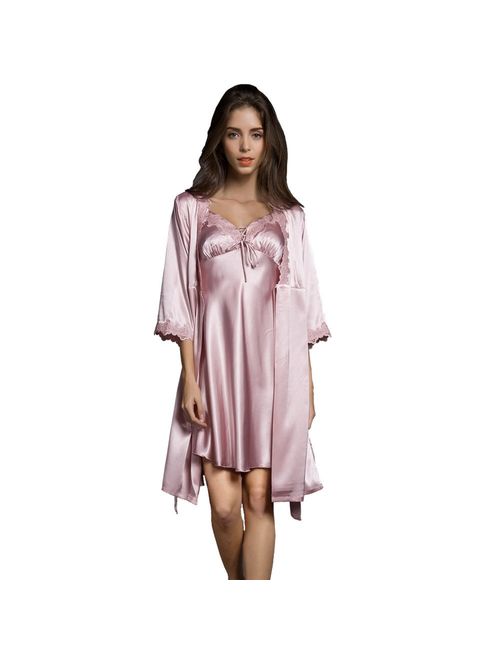 SUNBABY Women Sexy Silk Satin Robe Camisole Pajama Dress 2 Piece Suit Sleepwear Best Gift for Girls