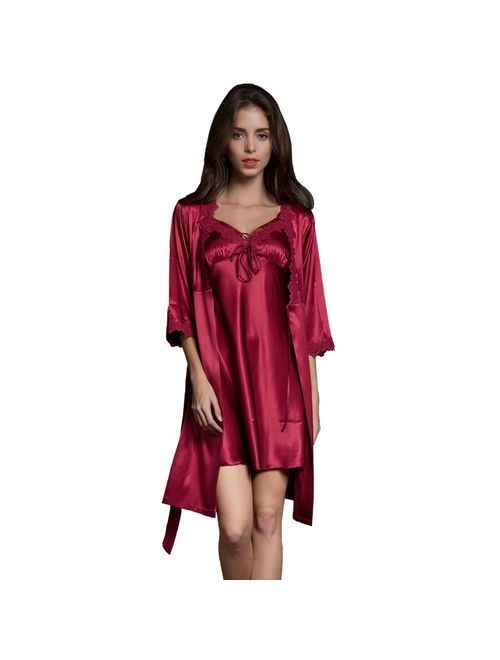 SUNBABY Women Sexy Silk Satin Robe Camisole Pajama Dress 2 Piece Suit Sleepwear Best Gift for Girls